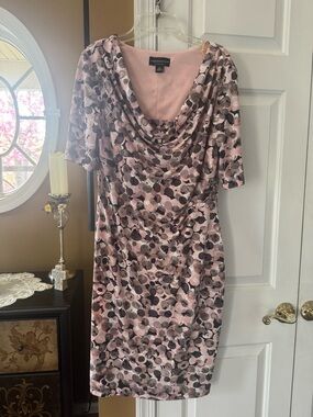connected apparel Pink and Black Cowl-Neck Midi Dress with Dot Pattern